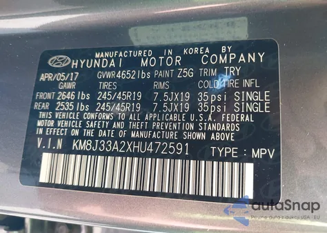 2017 Hyundai Tucson Sport из США, поврежденный, VIN KM8J33A2XHU472591